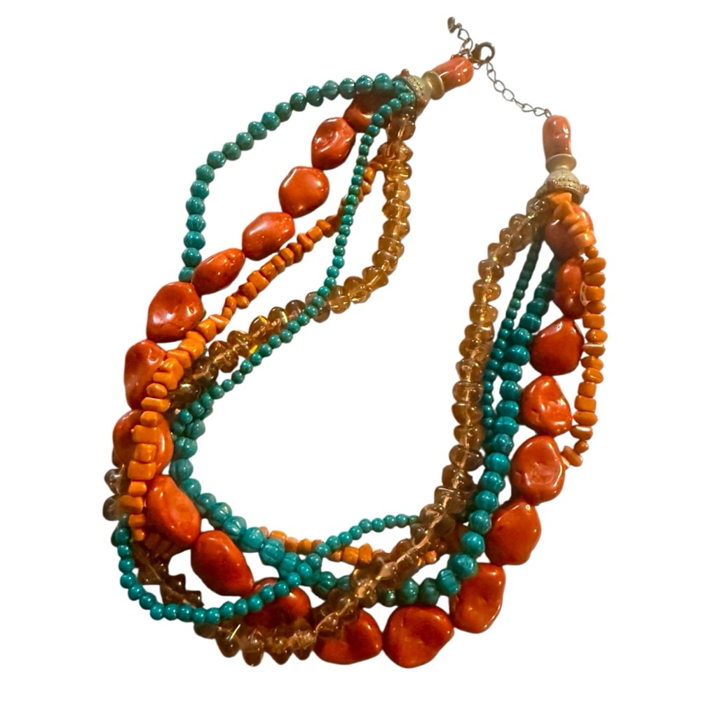 Vintage Bohemian Multi Strand Multi Colored Statement Necklace, 16” Long